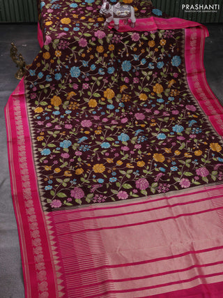 Coffee Brown & Pink Kosa Jamdani Silk Saree