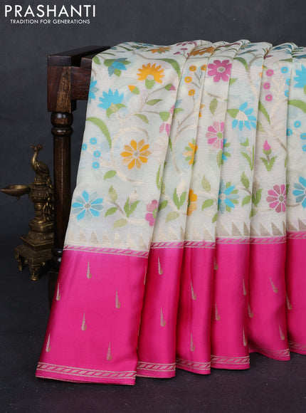 Cream & Pink Kosa Jamdani Silk Saree