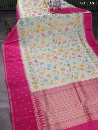 Cream & Pink Kosa Jamdani Silk Saree
