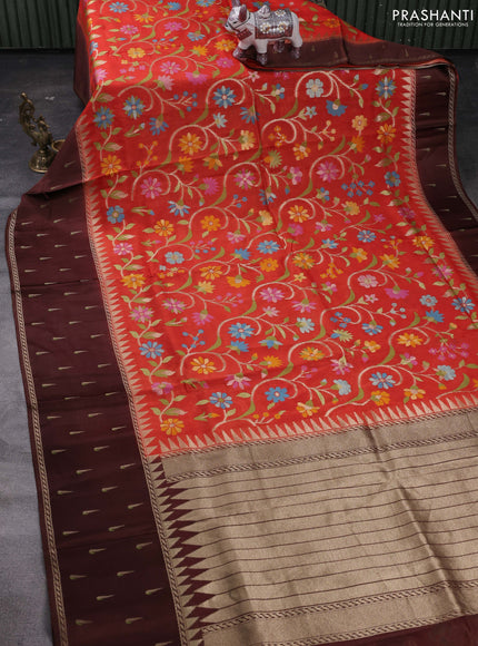 Orange & Coffee Brown Kosa Jamdani Silk Saree