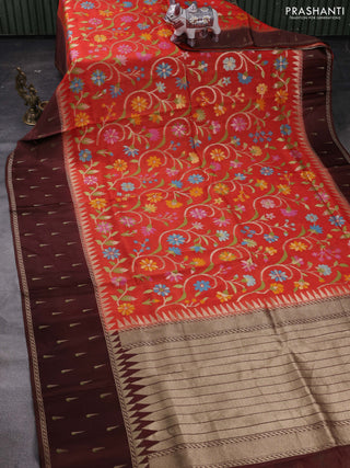 Orange & Coffee Brown Kosa Jamdani Silk Saree