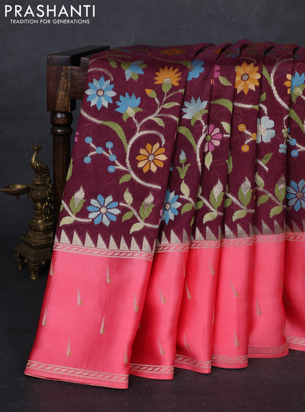 Wine & Peach Pink Kosa Jamdani Silk Saree