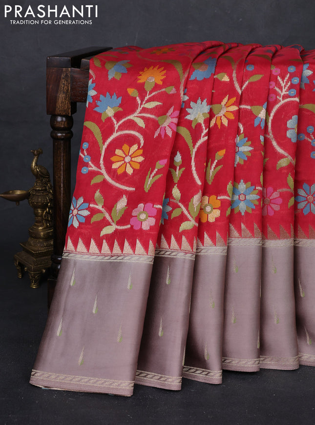 Red & Rosy Brown Kosa Jamdani Silk Saree