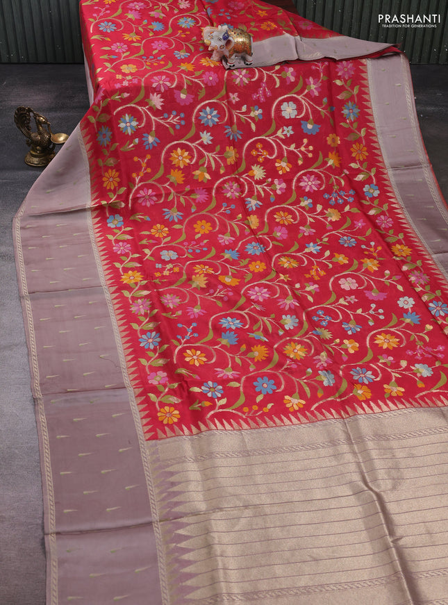 Red & Rosy Brown Kosa Jamdani Silk Saree