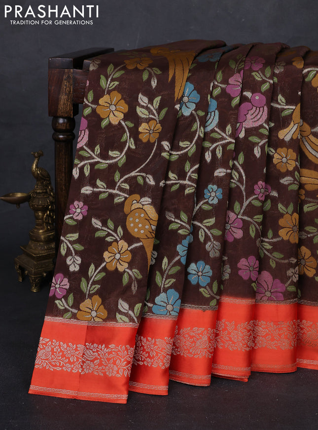 Coffee Brown & Orange Kosa Jamdani Silk Saree