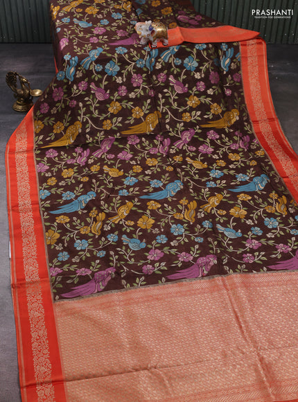 Coffee Brown & Orange Kosa Jamdani Silk Saree