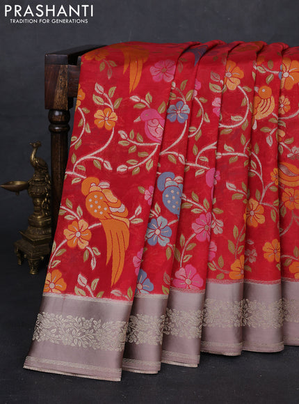 Red & Rosy Brown Kosa Jamdani Silk Saree