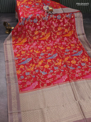 Red & Rosy Brown Kosa Jamdani Silk Saree