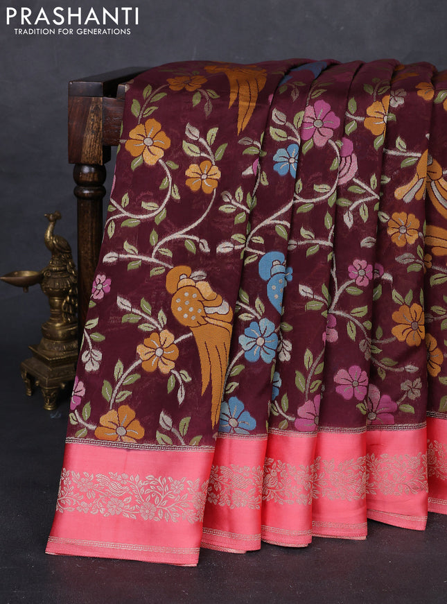 Maroon & Peach Pink Kosa Jamdani Silk Saree
