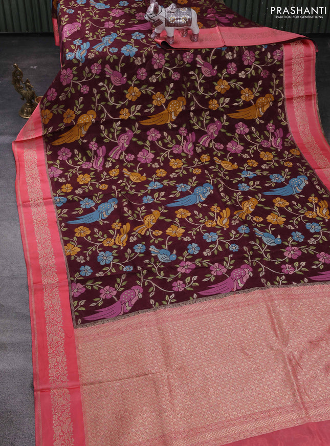 Maroon & Peach Pink Kosa Jamdani Silk Saree