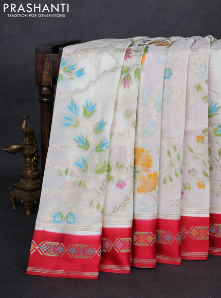 Off White & Red Kosa Jamdani Silk Saree