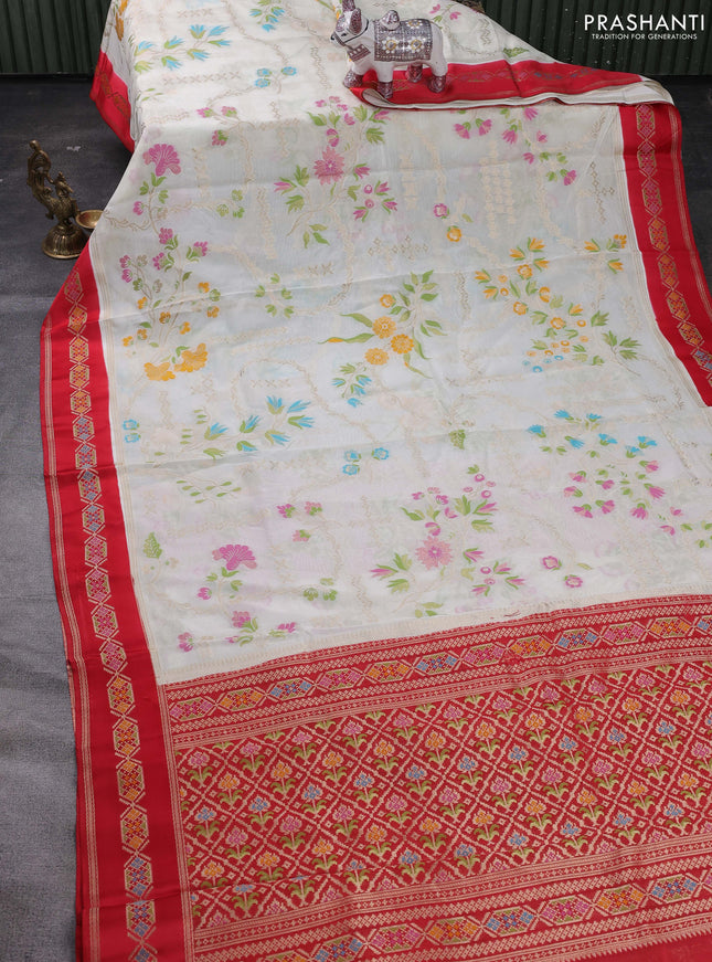Off White & Red Kosa Jamdani Silk Saree