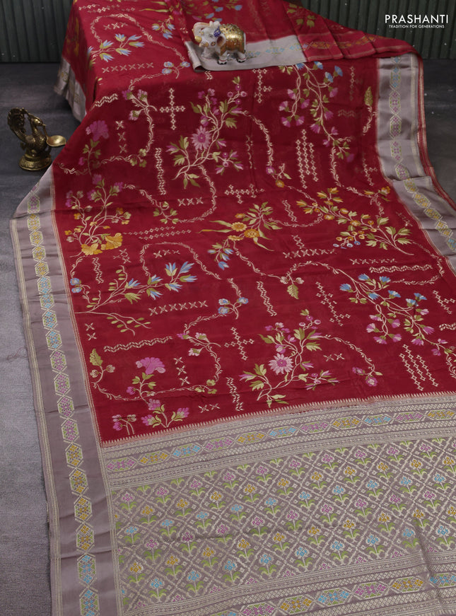 Red & Rosy Brown Kosa Jamdani Silk Saree