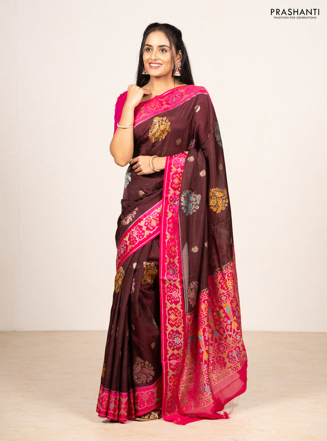 Coffee Brown & Pink Kosa Jamdani Silk Saree