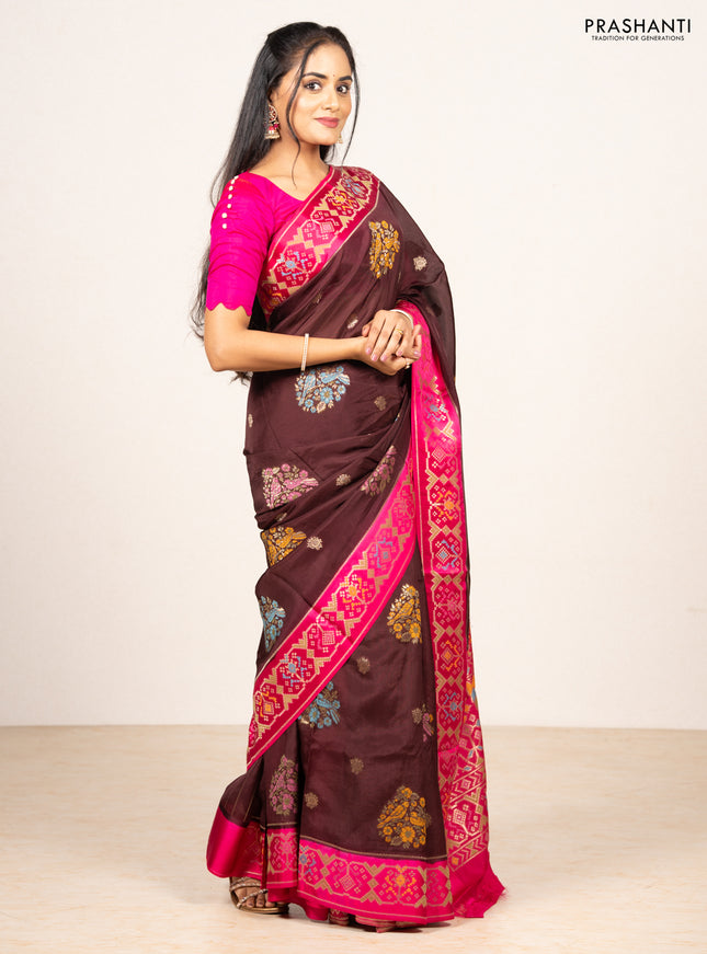 Coffee Brown & Pink Kosa Jamdani Silk Saree