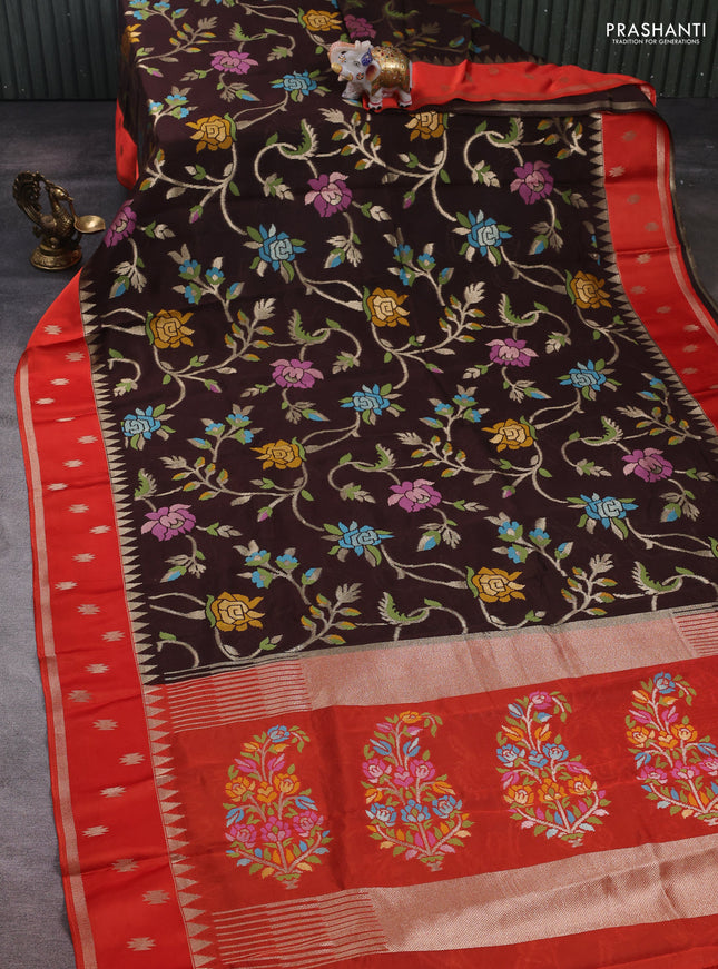 Coffee Brown & Orange Kosa Jamdani Silk Saree