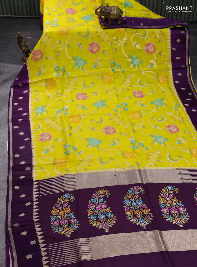 Lime Yellow & Purple Kosa Jamdani Silk Saree