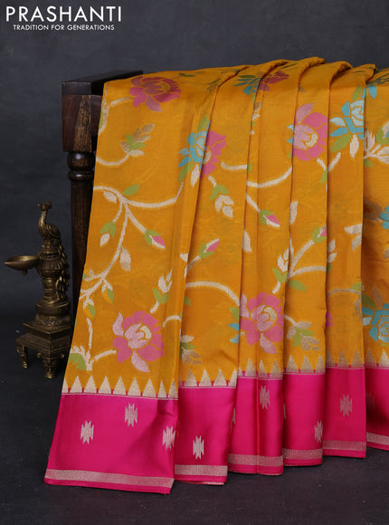 Mustard Yellow & Pink Kosa Jamdani Silk Saree