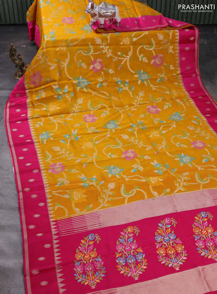 Mustard Yellow & Pink Kosa Jamdani Silk Saree