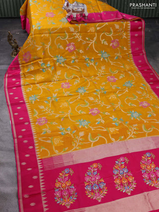 Mustard Yellow & Pink Kosa Jamdani Silk Saree