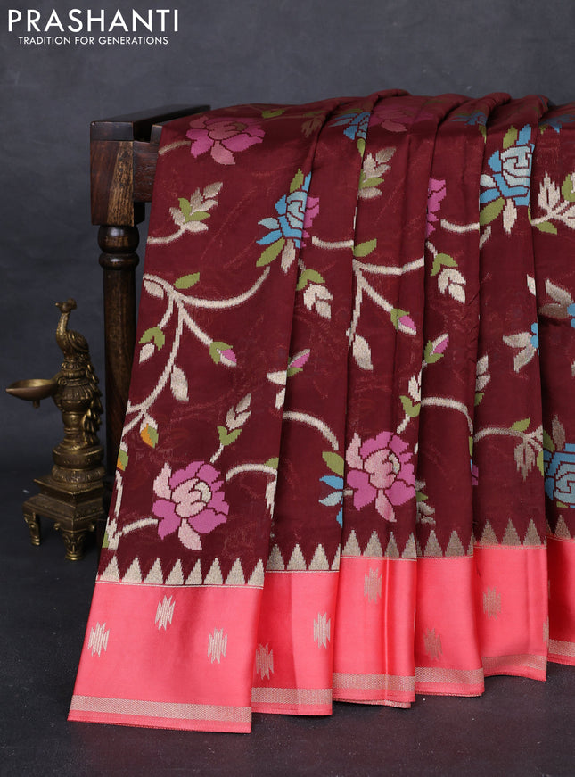 Coffee Brown & Peach Pink Kosa Jamdani Silk Saree
