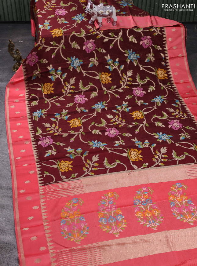 Coffee Brown & Peach Pink Kosa Jamdani Silk Saree