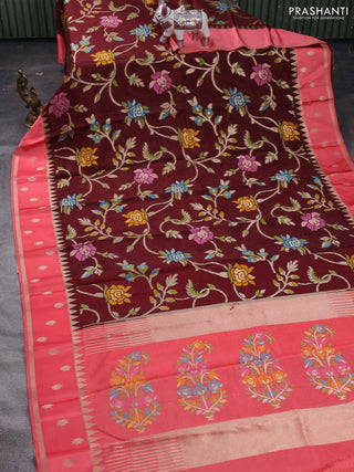 Coffee Brown & Peach Pink Kosa Jamdani Silk Saree
