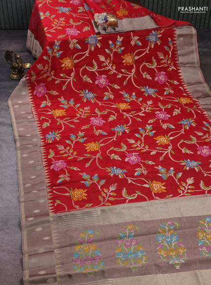 Red & Rosy Brown Kosa Jamdani Silk Saree