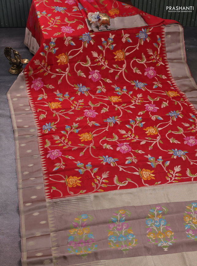 Red & Rosy Brown Kosa Jamdani Silk Saree