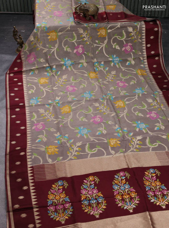 Grey & Brown Kosa Jamdani Silk Saree