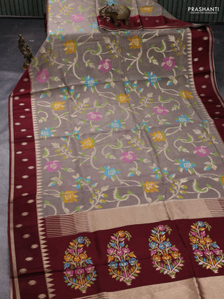 Grey & Brown Kosa Jamdani Silk Saree