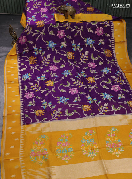Purple & Mustard Yellow Kosa Jamdani Silk Saree
