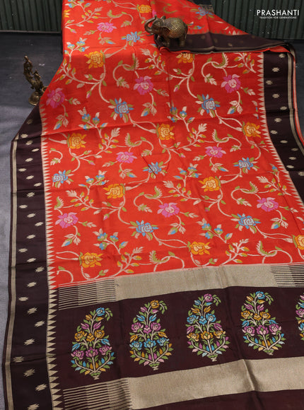 Orange & Coffee Brown Kosa Jamdani Silk Saree