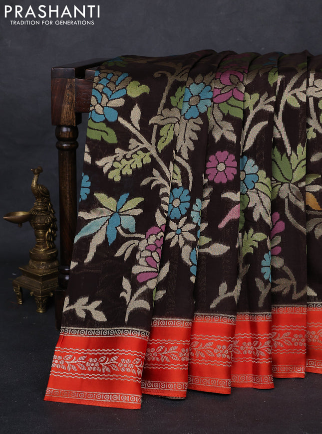 Coffee Brown & Orange Kosa Jamdani Silk Saree