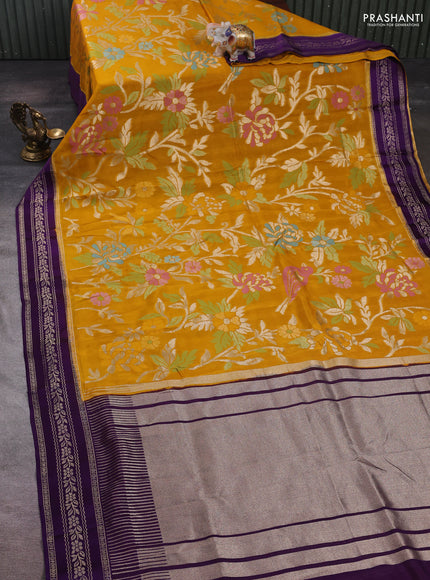Mustard Yellow & Purple Kosa Jamdani Silk Saree