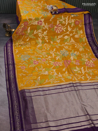 Mustard Yellow & Purple Kosa Jamdani Silk Saree