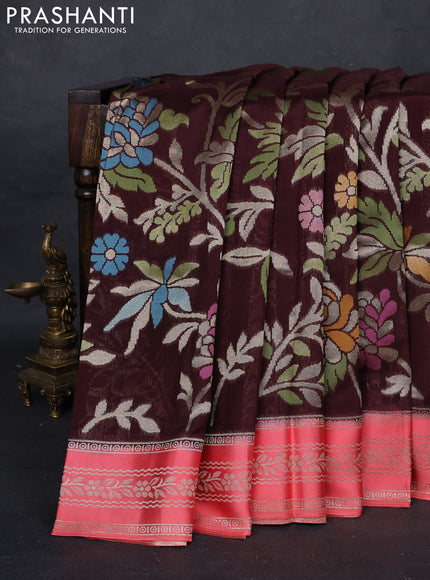 Coffee Brown & Peach Kosa Jamdani Silk Saree