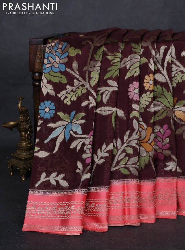 Coffee Brown & Peach Kosa Jamdani Silk Saree