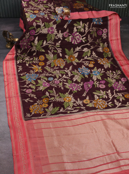 Coffee Brown & Peach Kosa Jamdani Silk Saree