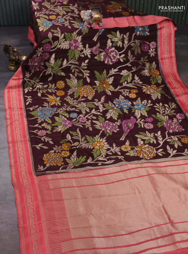 Coffee Brown & Peach Kosa Jamdani Silk Saree