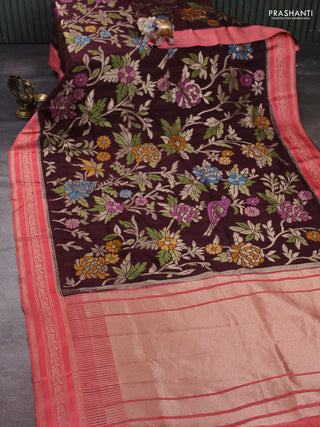 Coffee Brown & Peach Kosa Jamdani Silk Saree