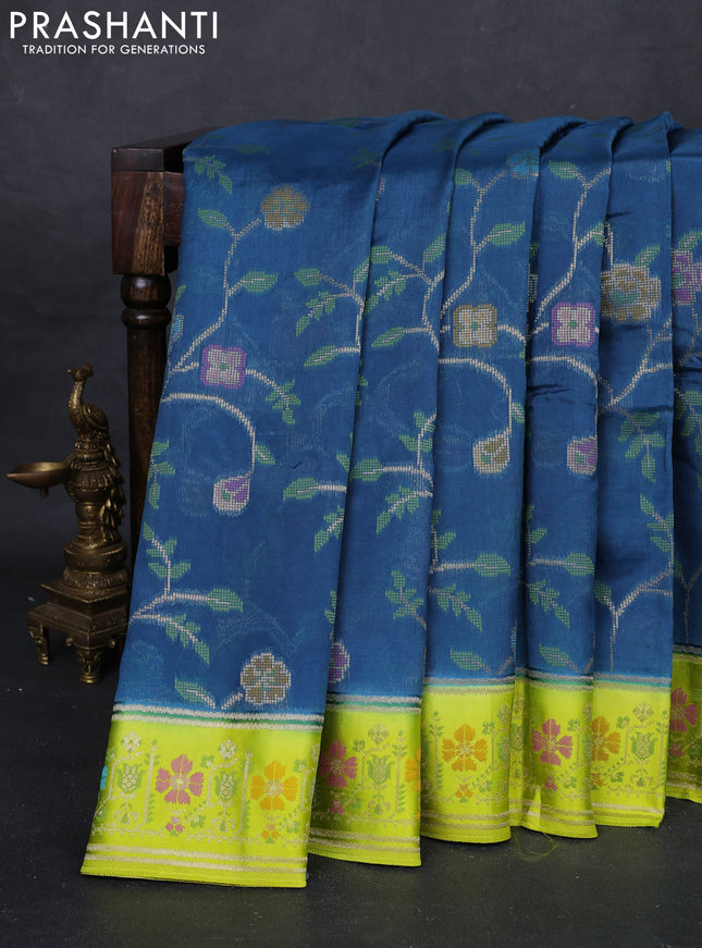 Peacock Blue & Fluorescent Green Kosa Jamdani Silk Saree
