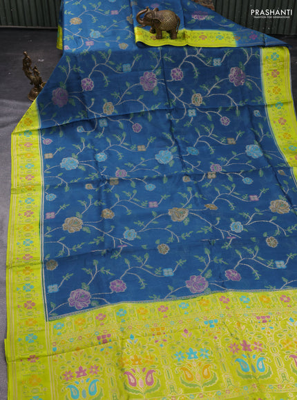 Peacock Blue & Fluorescent Green Kosa Jamdani Silk Saree