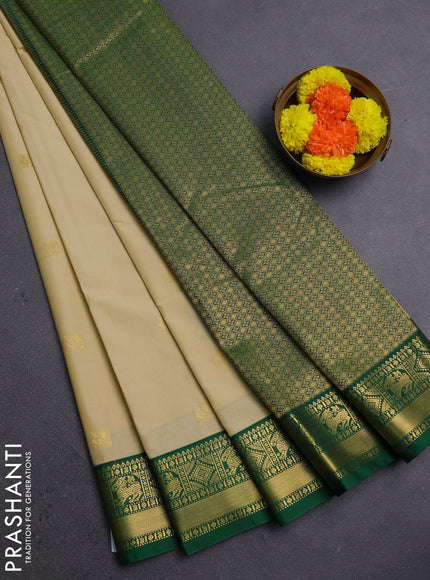 Beige & Green Semi Kanchipram Silk - Buttas