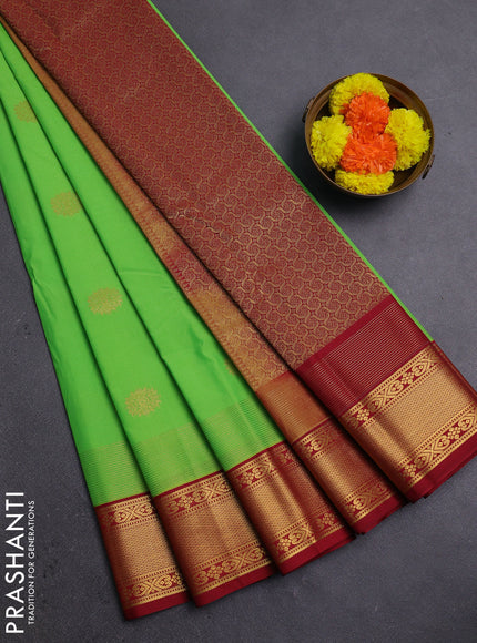 Fluorescent Green & Maroon Semi Kanchipram Silk - Buttas