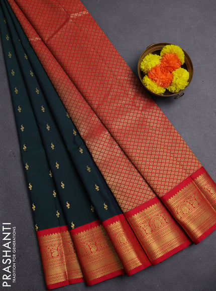 Bottle Green & Red Semi Kanchipram Silk - Buttas
