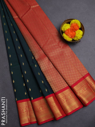 Bottle Green & Red Semi Kanchipram Silk - Buttas