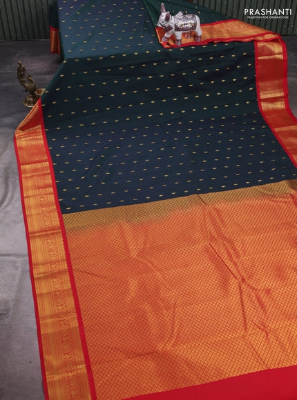 Bottle Green & Red Semi Kanchipram Silk - Buttas