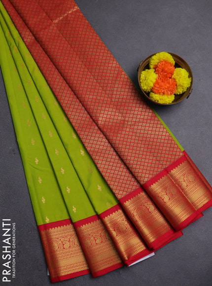 Lime Green & Red Semi Kanchipram Silk - Buttas
