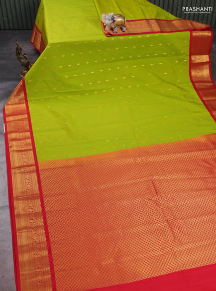 Lime Green & Red Semi Kanchipram Silk - Buttas